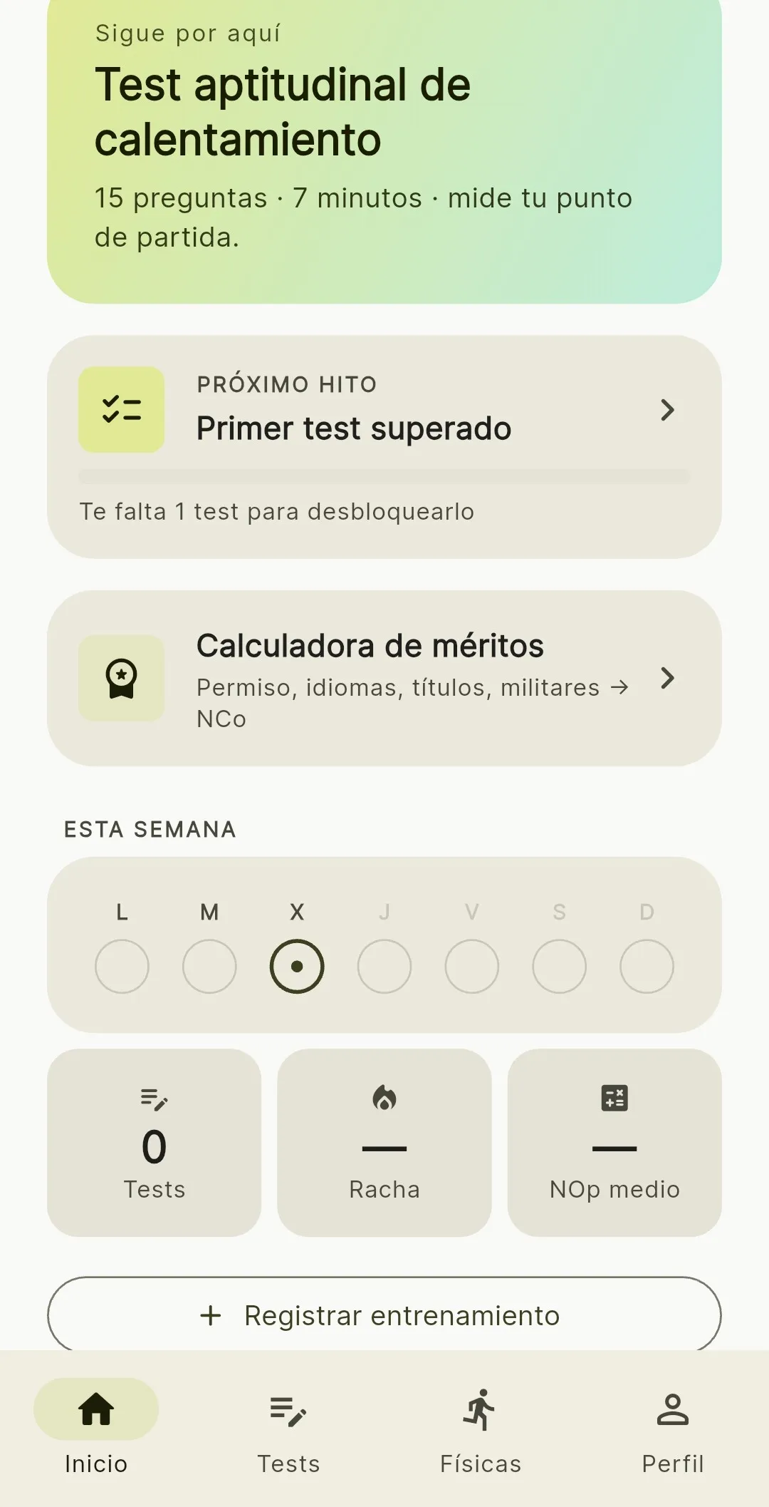 Pantalla de inicio de Stellarity: test aptitudinal de calentamiento, próximo hito, calculadora de méritos y semana de entrenamiento.