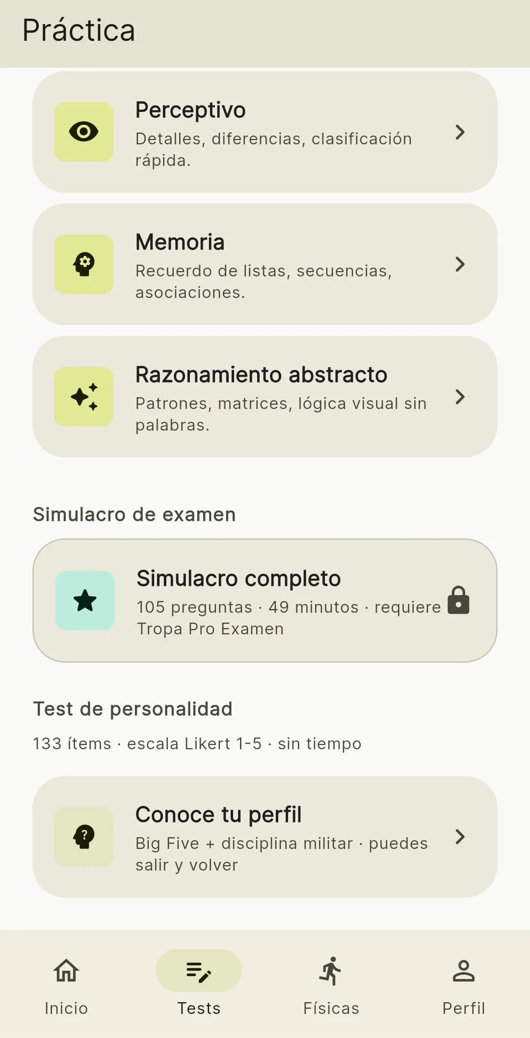 Pantalla de tests de Stellarity: factores perceptivo, memoria y razonamiento abstracto, simulacro completo y test de personalidad.